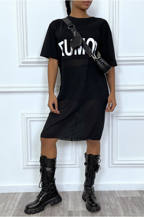 Long tee-shirt noir oversize bimatiére avec ecriture - 4