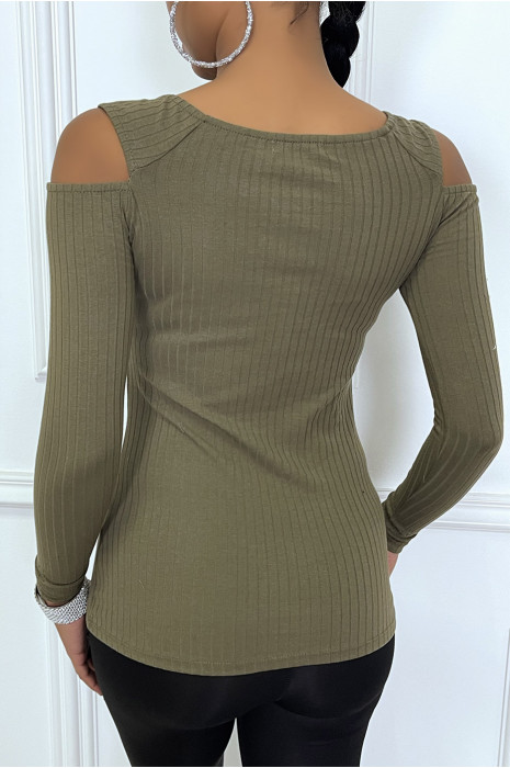 Pull kaki cotelé  avec ecriture strass et épaules dénudées - 1