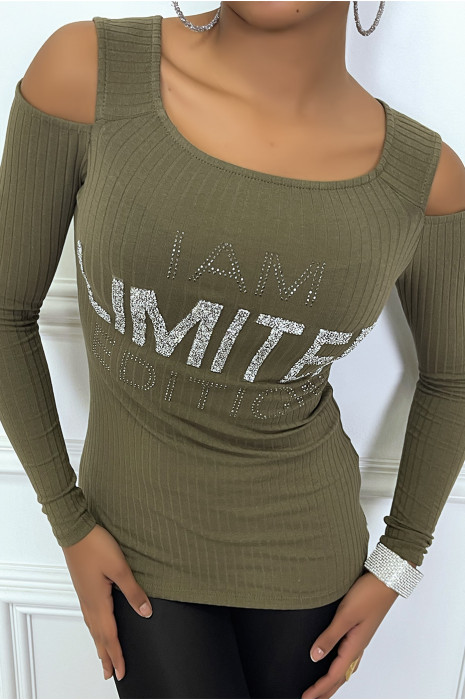 Pull kaki cotelé  avec ecriture strass et épaules dénudées - 2