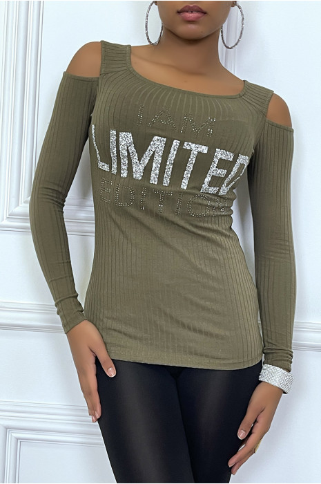 Pull kaki cotelé  avec ecriture strass et épaules dénudées - 3