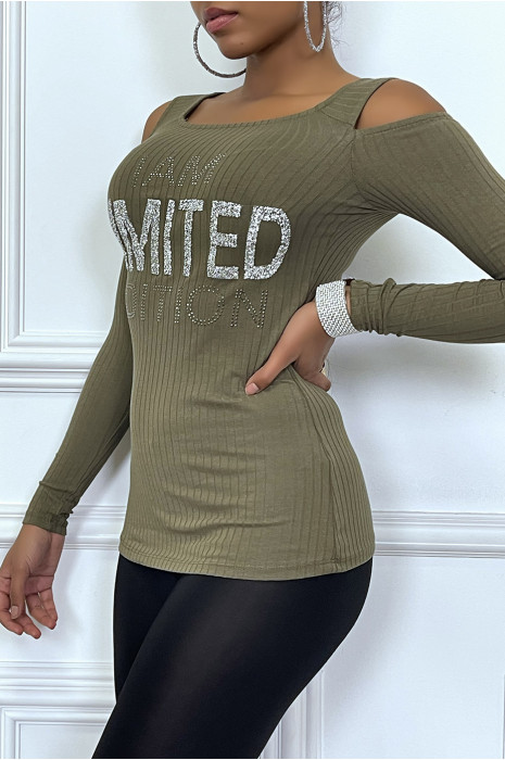 Pull kaki cotelé  avec ecriture strass et épaules dénudées - 5