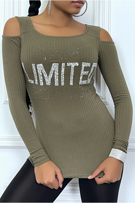 Pull kaki cotelé  avec ecriture strass et épaules dénudées - 6