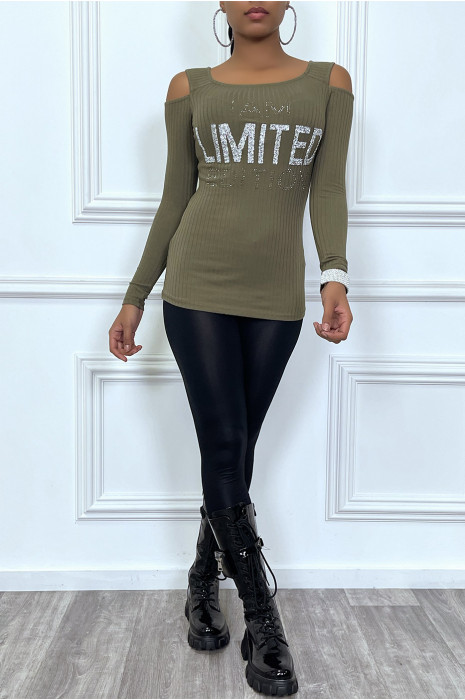 Pull kaki cotelé  avec ecriture strass et épaules dénudées - 7