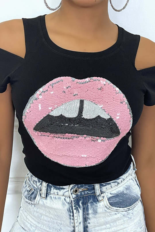 Black t-shirt with mouth design in sequins with bare shoulders - 1