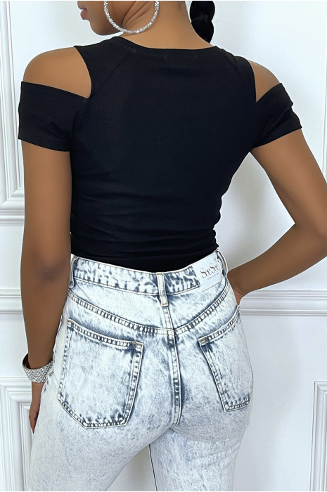 Zwart t-shirt met mondontwerp in pailletten met blote schouders - 2