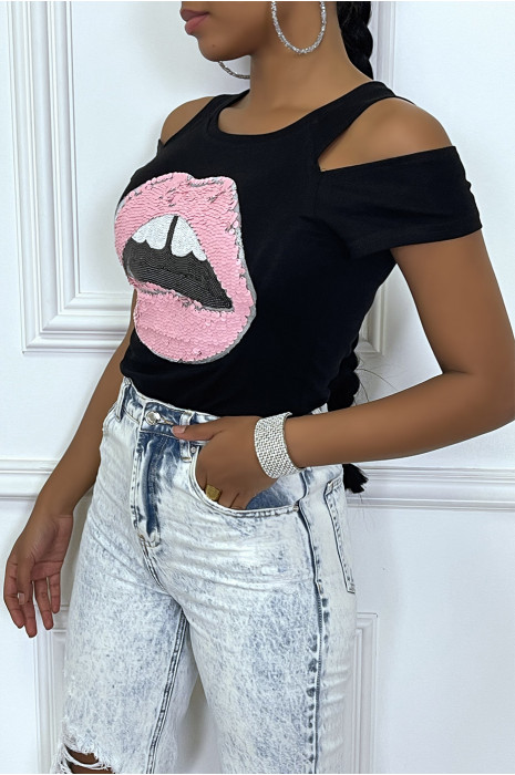Tee-shirt noir dessin bouche en sequins avec epaules dénudées - 4