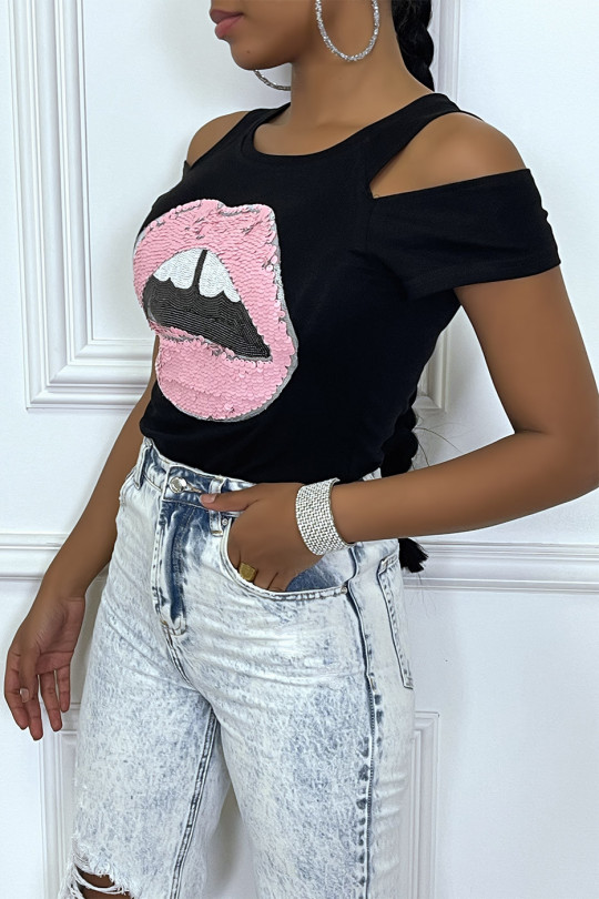Black t-shirt with mouth design in sequins with bare shoulders - 4