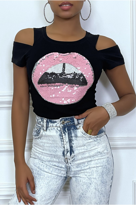 Black t-shirt with mouth design in sequins with bare shoulders - 5