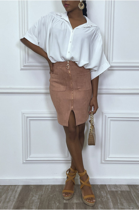 Jupe rose en suedine avec poches et fermeture dorée - 1