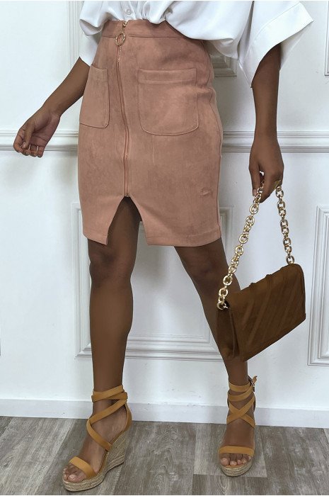 Jupe rose en suedine avec poches et fermeture dorée - 6