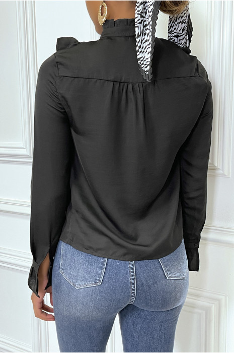 Blouse noir col montant et froufrou - 1