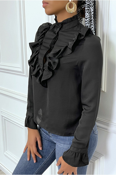 Blouse noir col montant et froufrou - 2