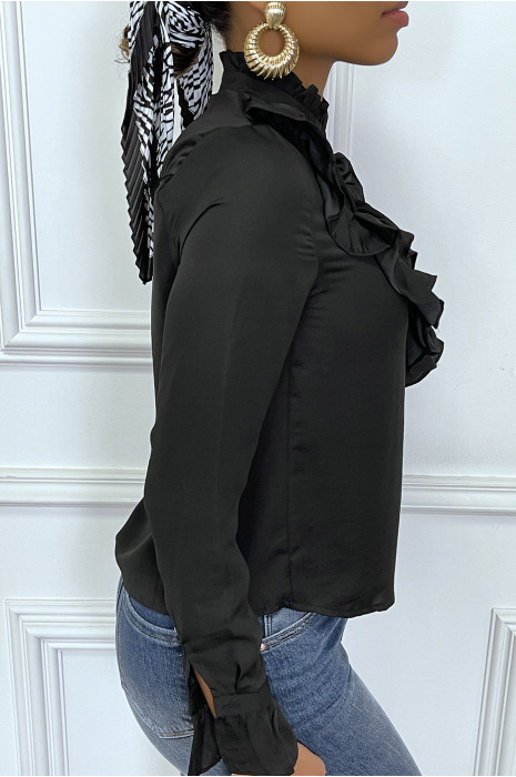 Blouse noir col montant et froufrou - 3