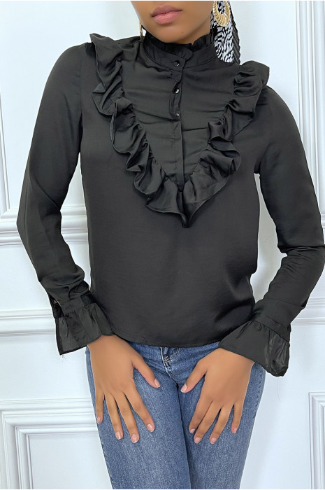 Blouse noir col montant et froufrou - 5