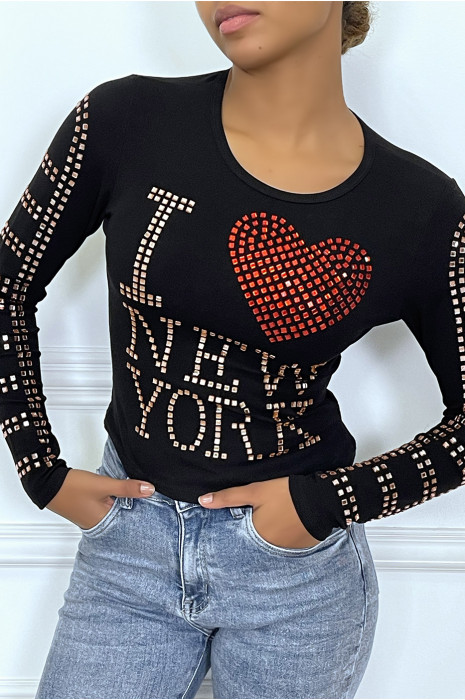 Top manches longue noir avec écriture en strass - 1