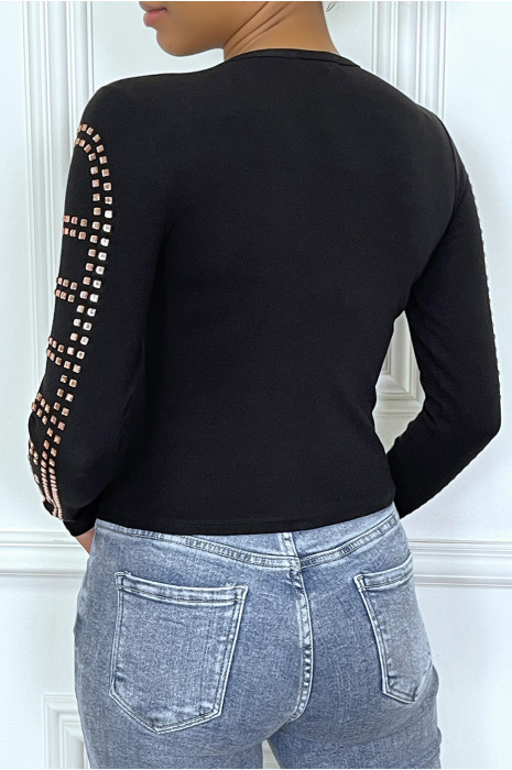 Top manches longue noir avec écriture en strass - 2