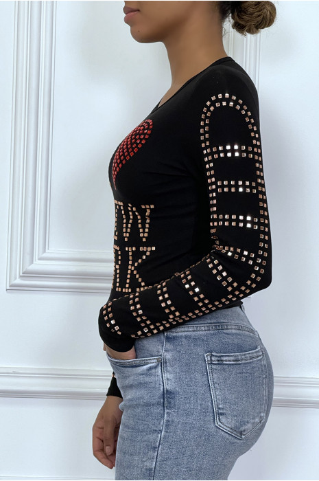Top manches longue noir avec écriture en strass - 3