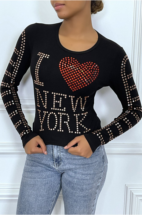 Top manches longue noir avec écriture en strass - 4