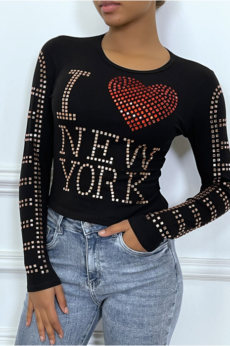 Top manches longue noir avec écriture en strass - 5