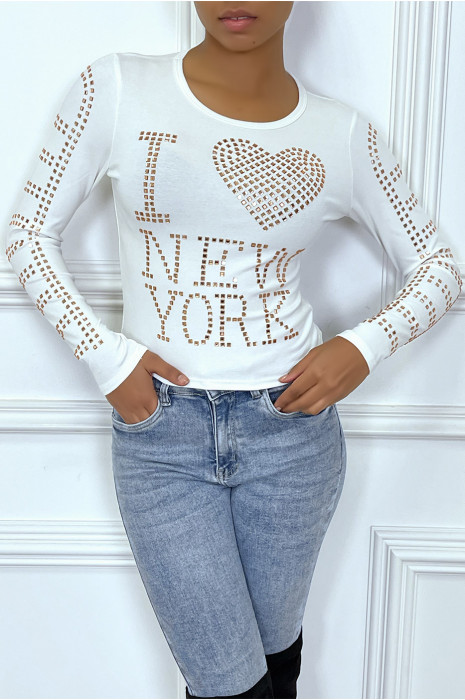 Top manches longue blanc avec écriture en strass - 1