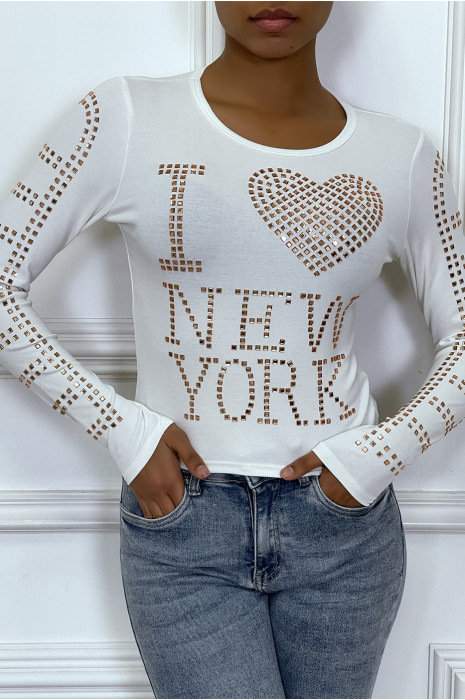 Top manches longue blanc avec écriture en strass - 2