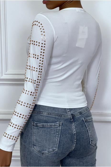 Top manches longue blanc avec écriture en strass - 3
