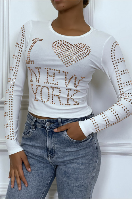 Top manches longue blanc avec écriture en strass - 6
