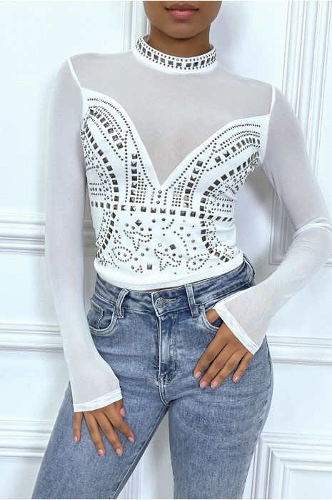 Haut blanc semi transparent à strass cloutés - 1