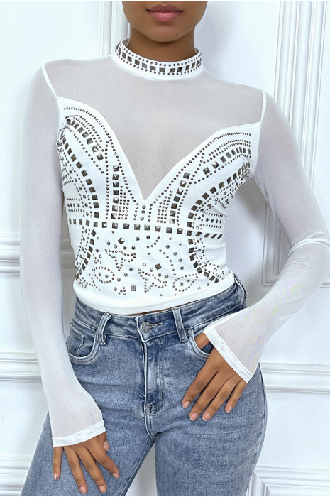 Haut blanc semi transparent à strass cloutés - 2
