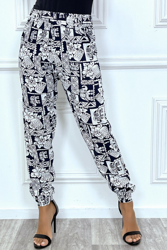 Navy and white harem pants with ethnic print - 1