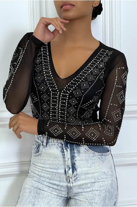 Body noir décolleté transparent à strass - 2