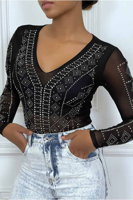 Body noir décolleté transparent à strass - 3