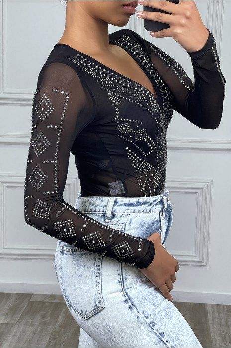 Body noir décolleté transparent à strass - 4