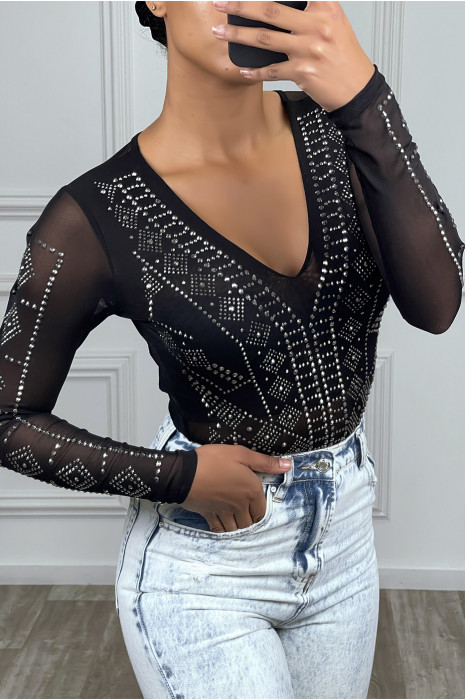 Body noir décolleté transparent à strass - 5