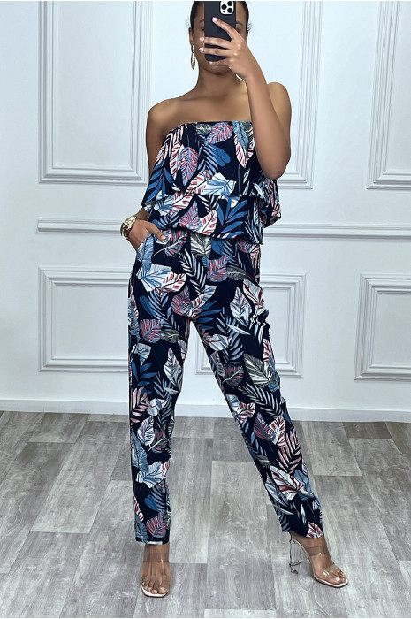 Combinaison pantalon marine motif fleuri - 1