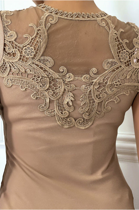 Tee-shirt taupe detail ajourée et voile - 1