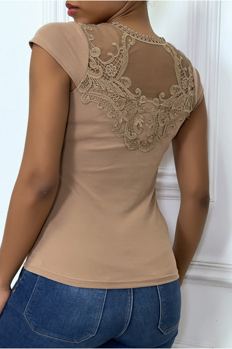 Tee-shirt taupe detail ajourée et voile - 2