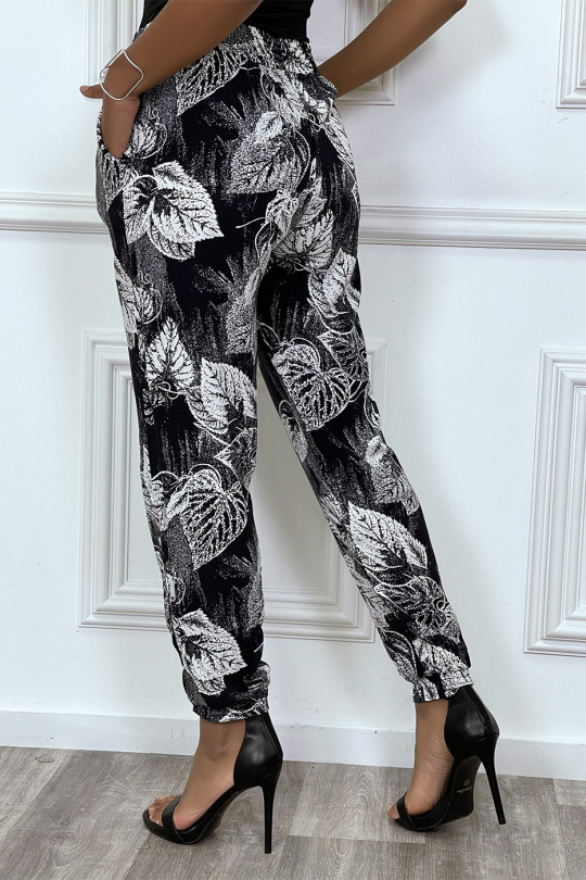 Black harem pants with white foliage print - 1
