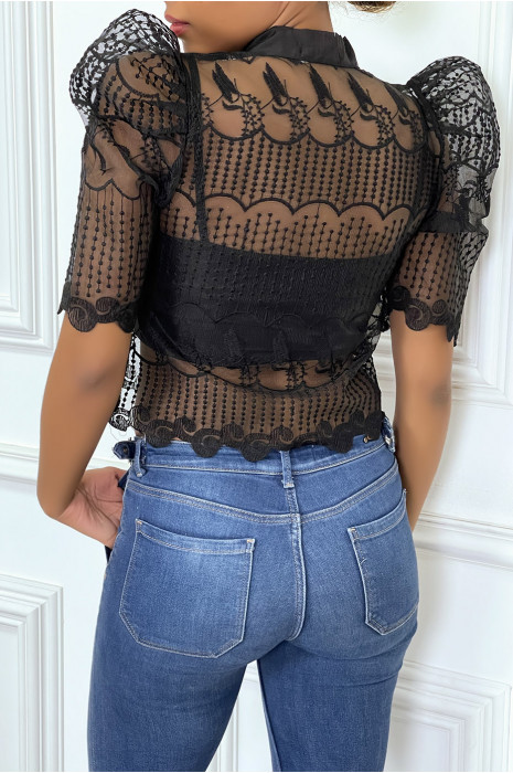 Top noir transparent et brodé avec manches bouffantes - 1