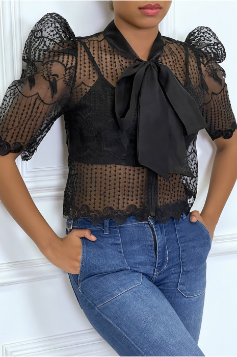 Top noir transparent et brodé avec manches bouffantes - 2