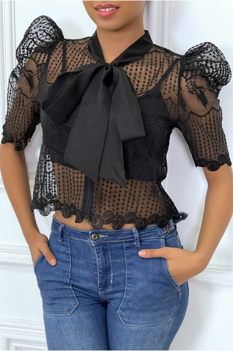 Top noir transparent et brodé avec manches bouffantes - 4
