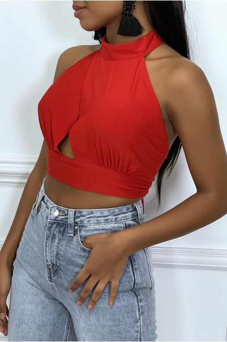 Crop top rouge à dos nu et attache cou - 2