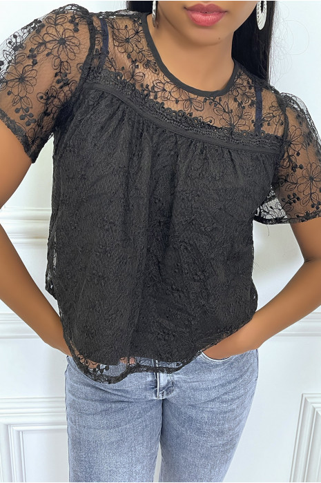 Top noir doublé en dentelle et fleur brodé - 1