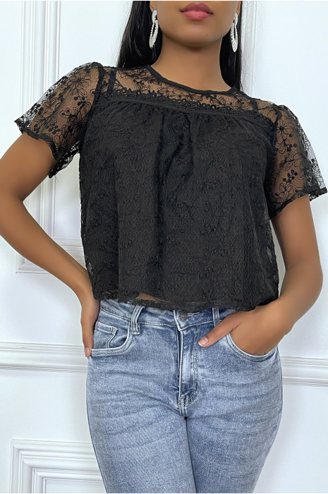 Top noir doublé en dentelle et fleur brodé - 4