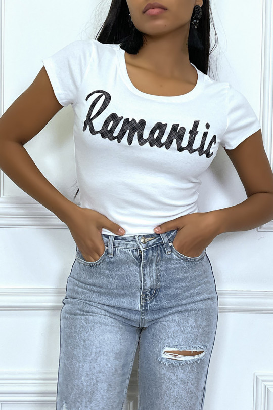 T-shirt blanc à col rond et inscription "Romantic" - 1