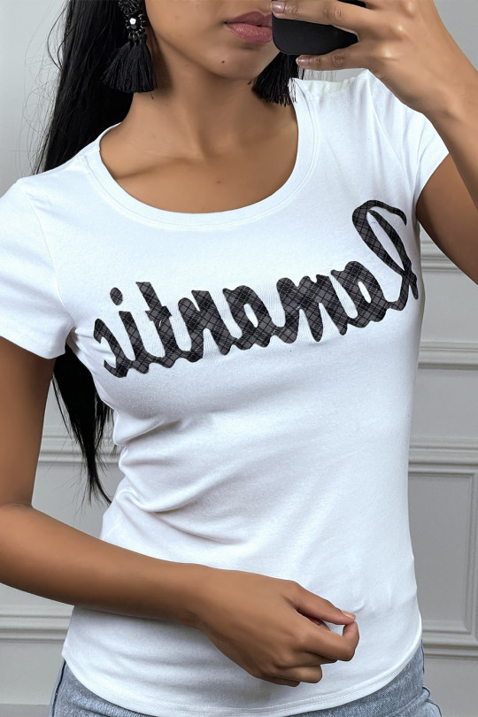 T-shirt blanc à col rond et inscription "Romantic" - 3