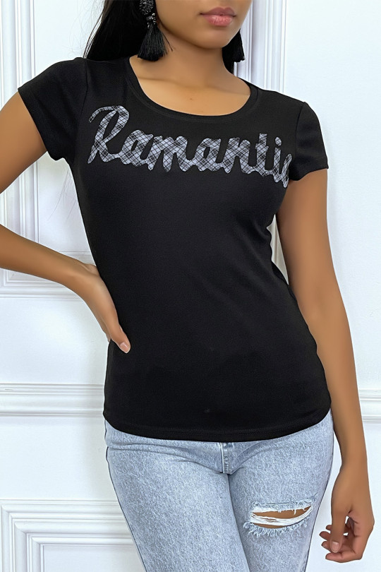 T-shirt noir à col rond et inscription "Romantic" - 2