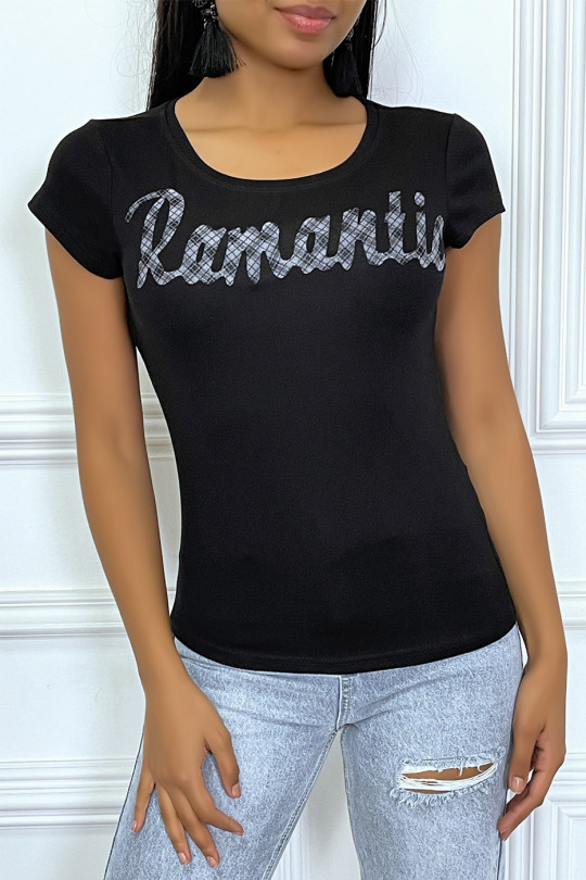 Black t-shirt with round neck and "Romantic" lettering - 1