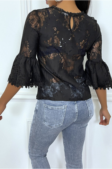 Blouse noir à manches volantes en dentelle ajourée - 2