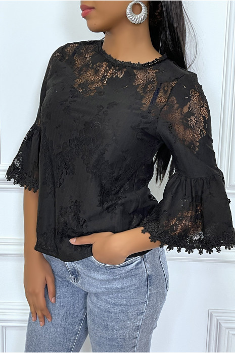 Blouse noir à manches volantes en dentelle ajourée - 3